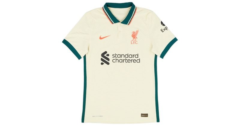 liverpool 2021-22 nike away shirt in off-white with teal green vents collar and cuffs